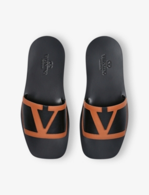 Shop Valentino Mens Blk/brown Vlogo Leather Sliders Eur 42 / 8 Uk
