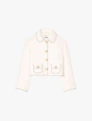Sandro Womens Naturels Cropped Contrast-stitching Stretch-woven Jacket In Naturels