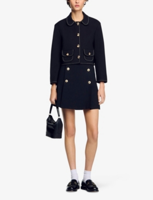 SANDRO WOMENS NOIR / GRIS CROPPED CONTRAST-STITCHING STRETCH-WOVEN JACKET 