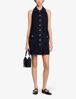 Sandro Womens  Sleeveless Button-up Stretch-woven Mini Dress In Noir / Gris