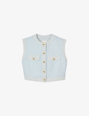 Sandro Womens Chest-pocket Tweed Woven Vest Bleus In Bleus