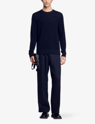Sandro Mens Textured Crewneck Cotton Knitted Jumper Bleus In Bleus