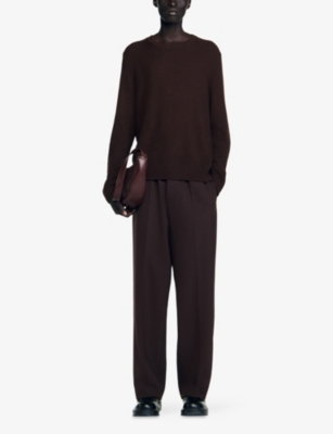 Sandro Mens Chocolate Textured Crewneck Cotton Knitted Jumper In Brown