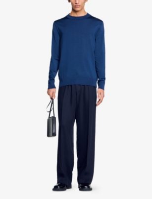 Sandro Mens Textured Crewneck Cotton Knitted Jumper Bleus In Bleus