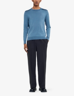 Sandro Mens Blue Office Crewneck Fine-knit Jumper In Blue