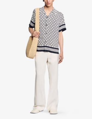 Sandro Mens  Square Cross-print Short-sleeve Satin Shirt In Noir / Gris