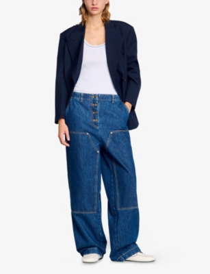 SANDRO WOMENS BLEUS SLIP-POCKET LOOSE-FIT HIGH-RISE DENIM JEANS 