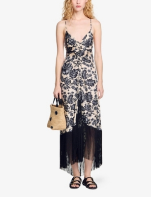 Sandro Womens  Floral-pattern V-neck Silk Midi Dress In Naturels