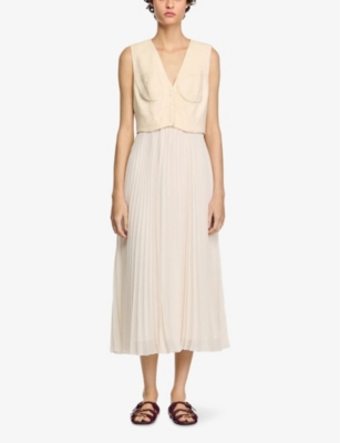Sandro Womens V-neck Pleated-skirt Woven Maxi Dress Naturels In Naturels