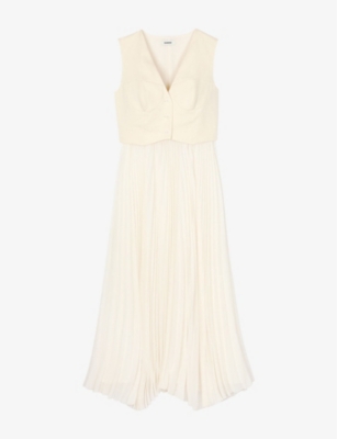 Sandro Womens V-neck Pleated-skirt Woven Maxi Dress Naturels In Naturels