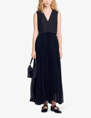 Sandro Montaigne Mixed Media Maxi Dress In Noir / Gris
