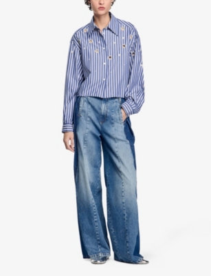 Sandro Womens Bleus Striped Rhinestone-embellished Cotton Shirt In Bleus