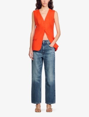 Sandro Linen-blend Sleeveless Blazer In Jaunes / Oranges