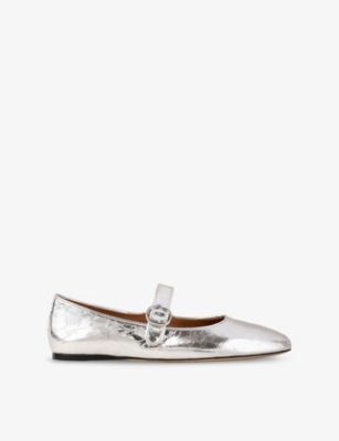 Sandro Womens  Crinkled-texture Metallic-leather Mary Jane Flats In Noir / Gris