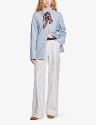 Sandro Womens Bleus Tie-back Relaxed-fit Stretch-cotton And Linen-blend Shirt In Bleus