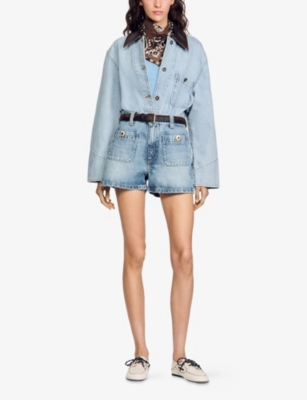 SANDRO WOMENS BLEUS BUTTON-EMBELLISHED HIGH-RISE DENIM SHORTS 