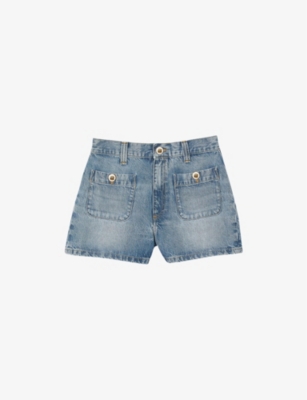 SANDRO WOMENS BLEUS BUTTON-EMBELLISHED HIGH-RISE DENIM SHORTS 