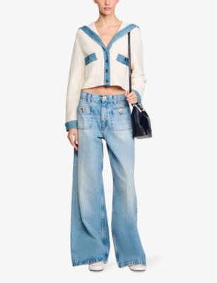 SANDRO WOMENS NATURELS DENIM-TRIM KNITTED COTTON-BLEND CARDIGAN 