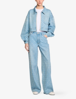 SANDRO: Rhinestone-Embellished Wide-Leg Mid-Rise Denim Jeans