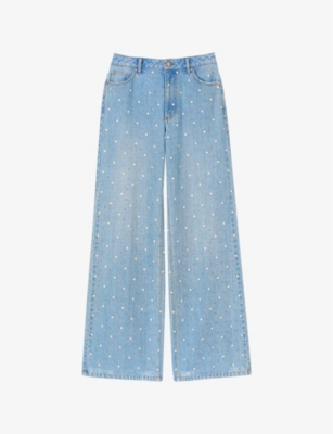 SANDRO: Rhinestone-Embellished Wide-Leg Mid-Rise Denim Jeans