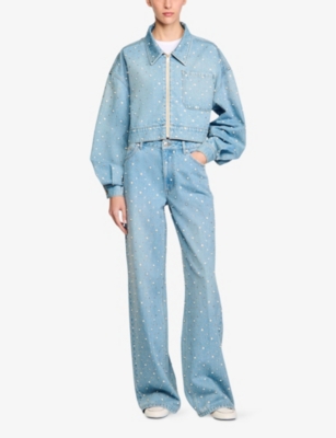 SANDRO: Rhinestone-Embellished Puff-Sleeve Denim Jacket
