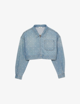 SANDRO: Rhinestone-Embellished Puff-Sleeve Denim Jacket
