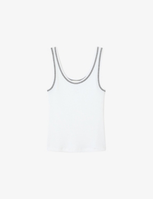 Sandro Womens  Striped-trim Ribbed Cotton Vest Top In Noir / Gris