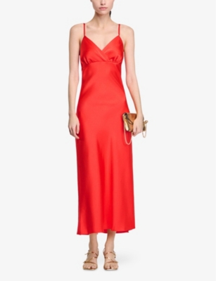 SANDRO: V-Neck Tie-Back Sleeveless Satin Midi Dress