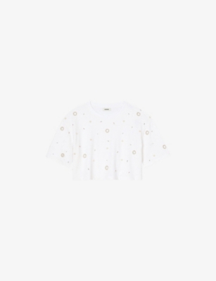 Shop Sandro Womens Naturels Pearl-beaded Cropped Cotton T-shirt