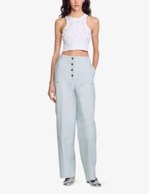 SANDRO: Embellished Cropped Cotton-Jersey Tank Top