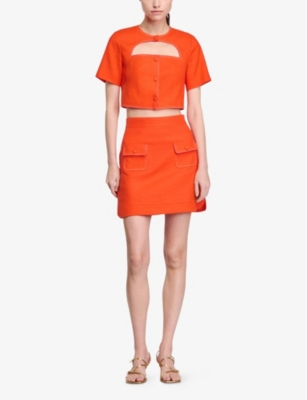 SANDRO: Patch-Pocket High-Rise Cotton And Linen-Blend Mini Skirt
