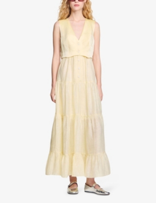 Sandro Womens V-neck Pleated-skirt Woven Maxi Dress Naturels In Jaunes / Oranges
