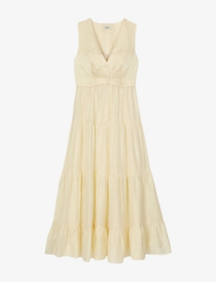 Sandro Womens V-neck Pleated-skirt Woven Maxi Dress Naturels In Jaunes / Oranges