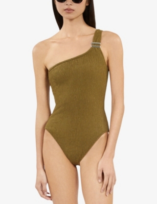THE KOOPLES WOMENS KAKI THE KOOPLES X LUZ ROMY ASYMMETRICAL TEXTURED SWIMSUIT 