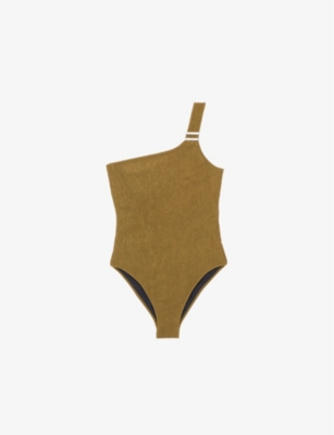 The Kooples Womens  X Luz Romy Asymmetrical Textured Swimsuit In Kaki