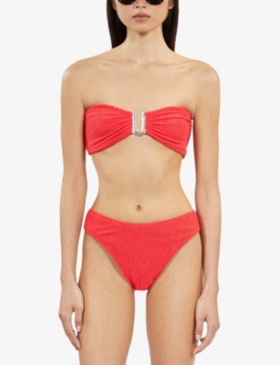 The Kooples Womens  X Luz Noor Mid-rise Textured Bikini Bottoms In Red
