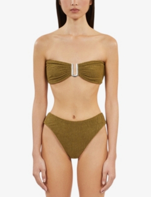 The Kooples Womens  X Luz Noor High-cut Textured Bikini Bottoms In Kaki