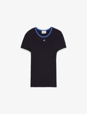 Claudie Pierlot Silk Embroidered Monogram T-shirt In Bleus