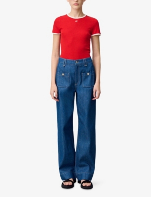 CLAUDIE PIERLOT: CP Embroidery Contrast-Trim Fine-Knit Silk Top