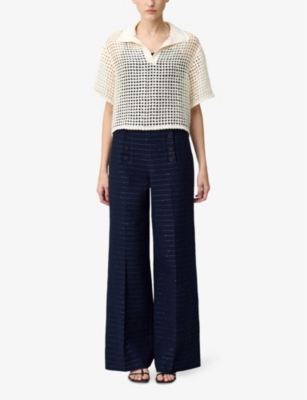 Claudie Pierlot Womens  Sequin-embellished Striped Wide-leg Mid-rise Cotton-blend Trousers In Bleus