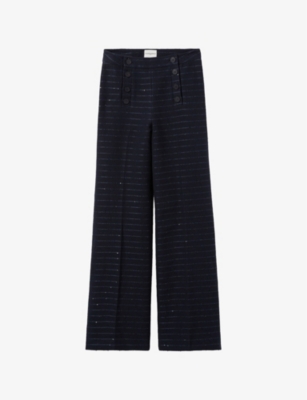 Claudie Pierlot Womens  Sequin-embellished Striped Wide-leg Mid-rise Cotton-blend Trousers In Bleus