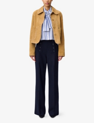 Claudie Pierlot Womens  Sequin-embellished Striped Wide-leg Mid-rise Cotton-blend Trousers In Bleus