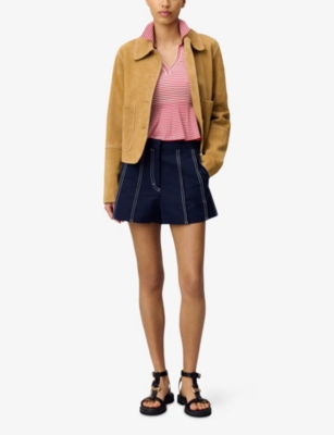 Claudie Pierlot Womens Bleus Contrast-stitch Pleated Cotton-blend Shorts In Bleus