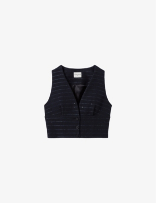 Claudie Pierlot Womens Metallic-stripe Sleeveless Cotton-blend Blazer Bleus In Bleus