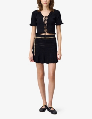 Claudie Pierlot Womens  Tie-front Cropped Stretch-knit Top In Noir / Gris