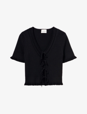 Claudie Pierlot Womens  Tie-front Cropped Stretch-knit Top In Noir / Gris