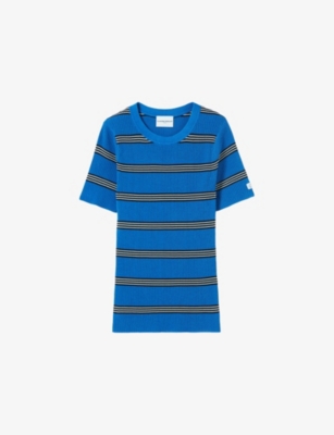 Claudie Pierlot Womens Bleus Striped Short-sleeved Knitted Top Xs In Bleus