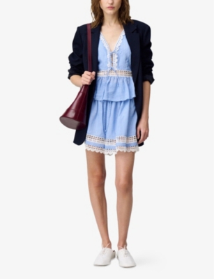 CLAUDIE PIERLOT: Striped Ruffle Lace-Detail Ramie Top