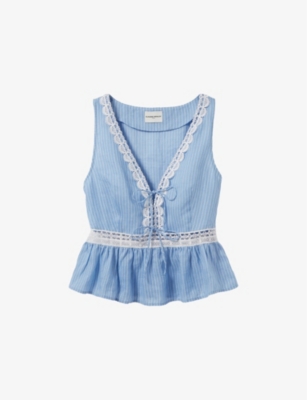 CLAUDIE PIERLOT: Striped Ruffle Lace-Detail Ramie Top