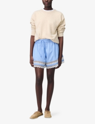 Shop Claudie Pierlot Womens Divers Striped Lace-trim Ramie Shorts